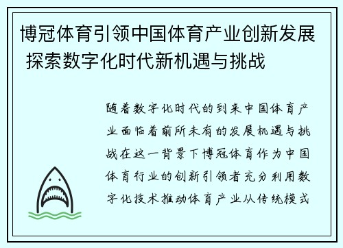 博冠体育引领中国体育产业创新发展 探索数字化时代新机遇与挑战