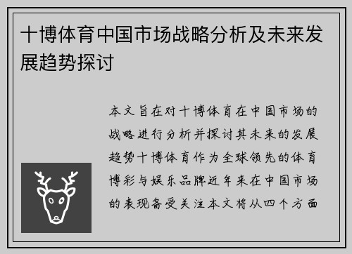 十博体育中国市场战略分析及未来发展趋势探讨